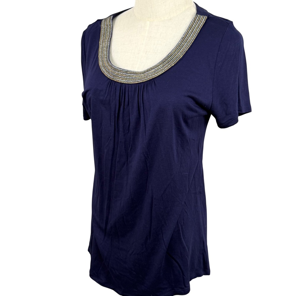 C Women S Short Sleeve Blouse Navy Blue Chain Jewell Scoop Neck Pleated Rayon